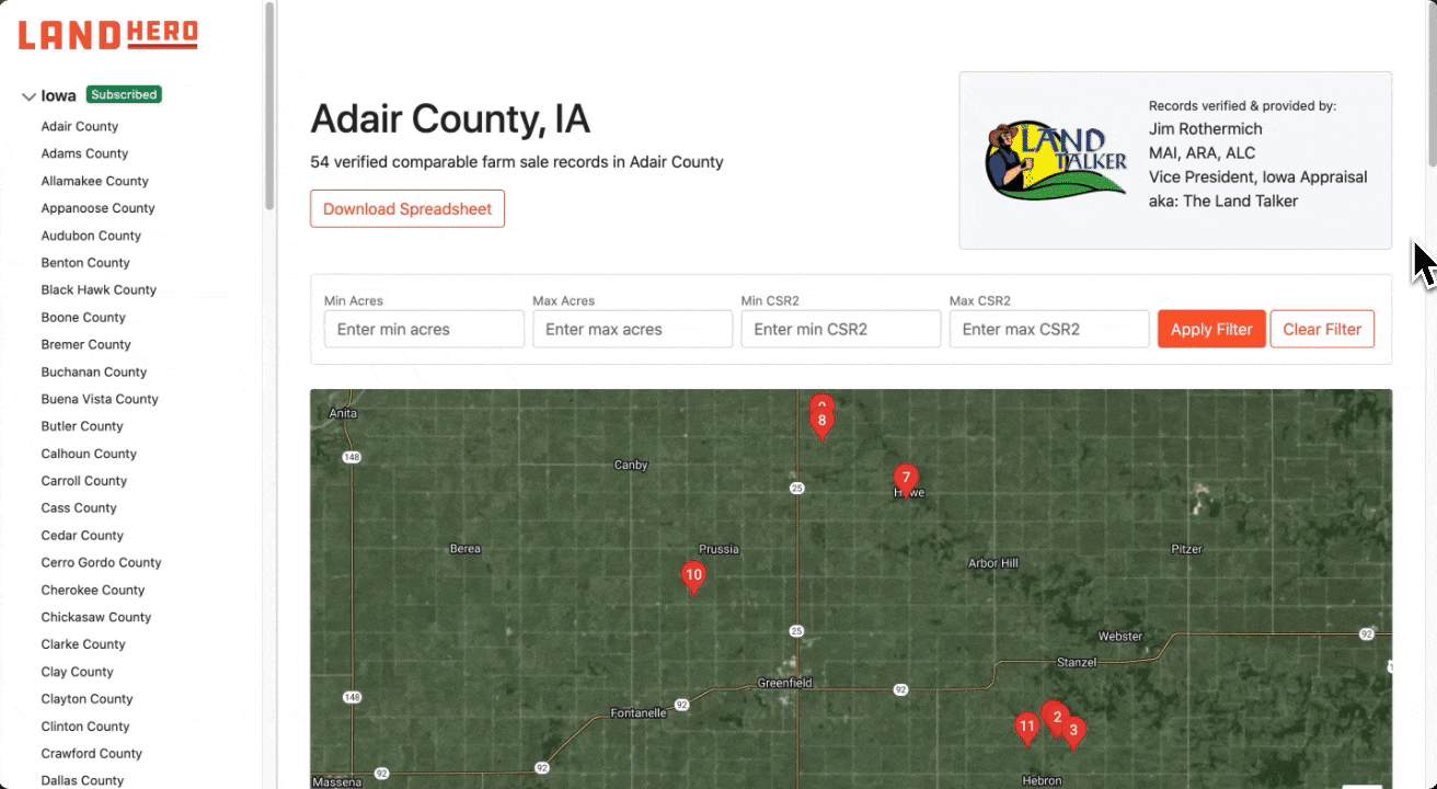 LandHero dashboard showing Iowa farmland sale comps on an interactive map